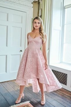 Quiz Pink Lace Strappy V Neck Dip Hem Dress