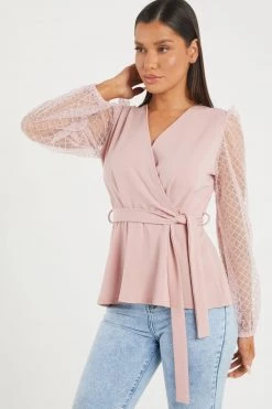 Quiz Pink Mesh Wrap Peplum Top