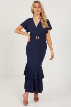 Quiz Navy Blue Wrap Belt Detail Frill Midi Dress -Quiz Store Online unnamed file 11