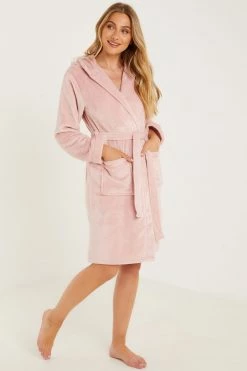 Quiz Pink Luxury Fleece Trim Hooded Dressing Gown