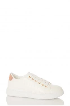 Quiz White White Faux Croc Lace Up Trainer With Rose Diamante Back