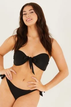 Quiz Black Textured Tie Front Bikini Top