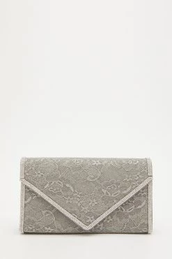 Quiz Grey Glitter Lace Diamante Bag