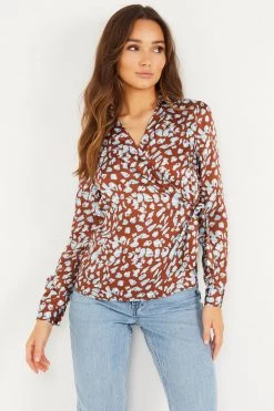 Quiz Brown Animal Print Satin Wrap Shirt