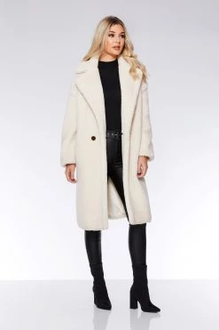 Quiz Cream Teddy Button Front Coat
