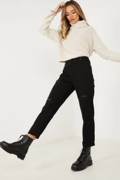 Quiz Black Ripped Straight Leg Turn Up Jeans -Quiz Store Online unnamed file 1307