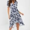 Quiz Blue Floral Wrap Dip Hem Dress