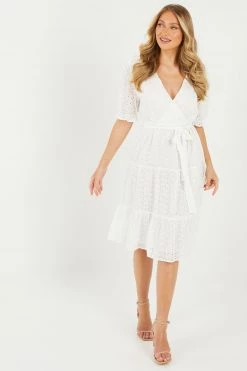 Quiz White Embroidered Wrap Tiered Midi Dress