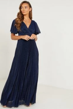 Quiz Blue Pleated Wrap Maxi Dress With Angelic Sleeves