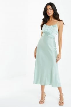Quiz Sage Green Satin Tie Back Midi Dress