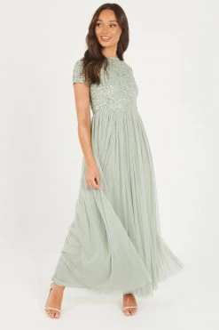 Quiz Sage Green Embellished Maxi Dress