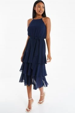 Quiz Blue Halter Neck Tiered Midaxi Dress