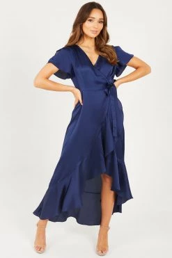 Quiz Blue Satin Wrap Maxi Dress