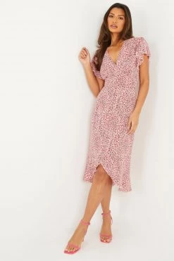 Quiz Pink Animal Print V Neck Midi Dress With Frill