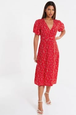 Quiz Red Ditsy Print Midi Dress