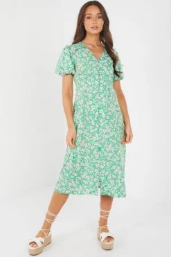 Quiz Green Floral Print Buttoned Midi Dress -Quiz Store Online unnamed file 360