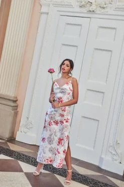 Quiz Cream Satin Floral Cowl Neck Midi Dress -Quiz Store Online unnamed file 392