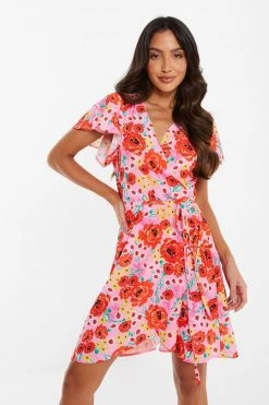 Quiz Pink Floral Wrap Skater Dress