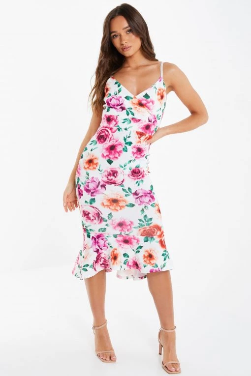 Quiz Cream Multi Floral Bodycon Midi Dress -Quiz Store Online unnamed file 437