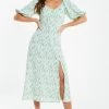 Quiz Green Stripe Print Knot Puff Sleeve Midi Dress
