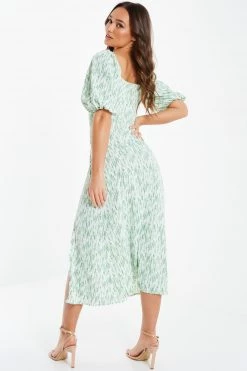 Quiz Green Stripe Print Knot Puff Sleeve Midi Dress -Quiz Store Online unnamed file 445