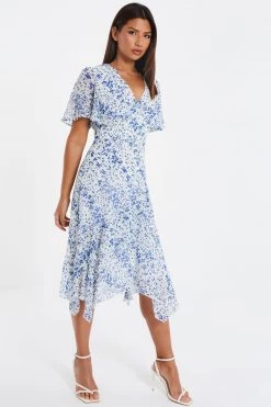Quiz White & Blue Floral Frill Midi Dress