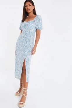 Quiz Blue Ditsy Floral Tie Back Midi Dress