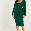 Quiz Green Scuba Crepe Tie Belt Midi Dress