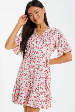 Quiz Pink & White Ditsy Print Wrap Skater Dress