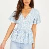 Quiz Blue Light Blue Polyester Flower Double Peplum Frill Top