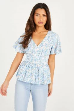 Quiz Blue Light Blue Polyester Flower Double Peplum Frill Top