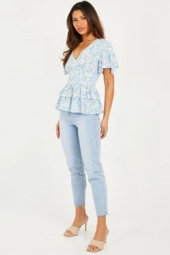 Quiz Blue Light Blue Polyester Flower Double Peplum Frill Top -Quiz Store Online unnamed file 593