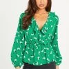 Quiz Green Flower Print Wrap Long Sleeve Top