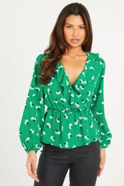 Quiz Green Flower Print Wrap Long Sleeve Top