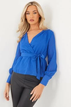 Quiz Blue Checked Wrap Peplum Top