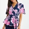 Quiz Navy & Pink Floral Wrap Peplum Top