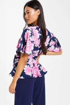 Quiz Navy & Pink Floral Wrap Peplum Top -Quiz Store Online unnamed file 622