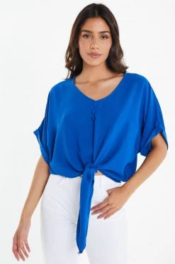 Quiz Blue Button Detail Tie Front Top