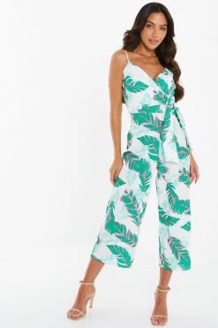 Quiz White & Green Tropical Print Culotte Jumpsuit
