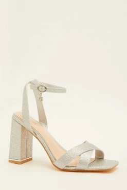 Quiz Silver Shimmer Cross Strap Block Heel Sandal