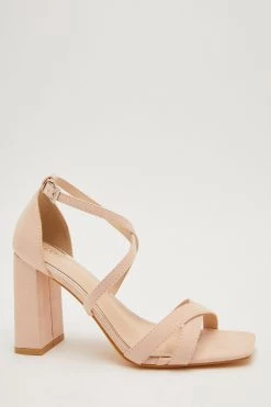 Quiz Nude Faux Suede Cross Strap Square Buckle Block Heel