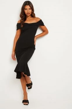 Quiz Black Bardot Frill Hem Midi Dress