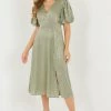 Quiz Green Satin Puff Sleeves Polka Dot Midi Dress
