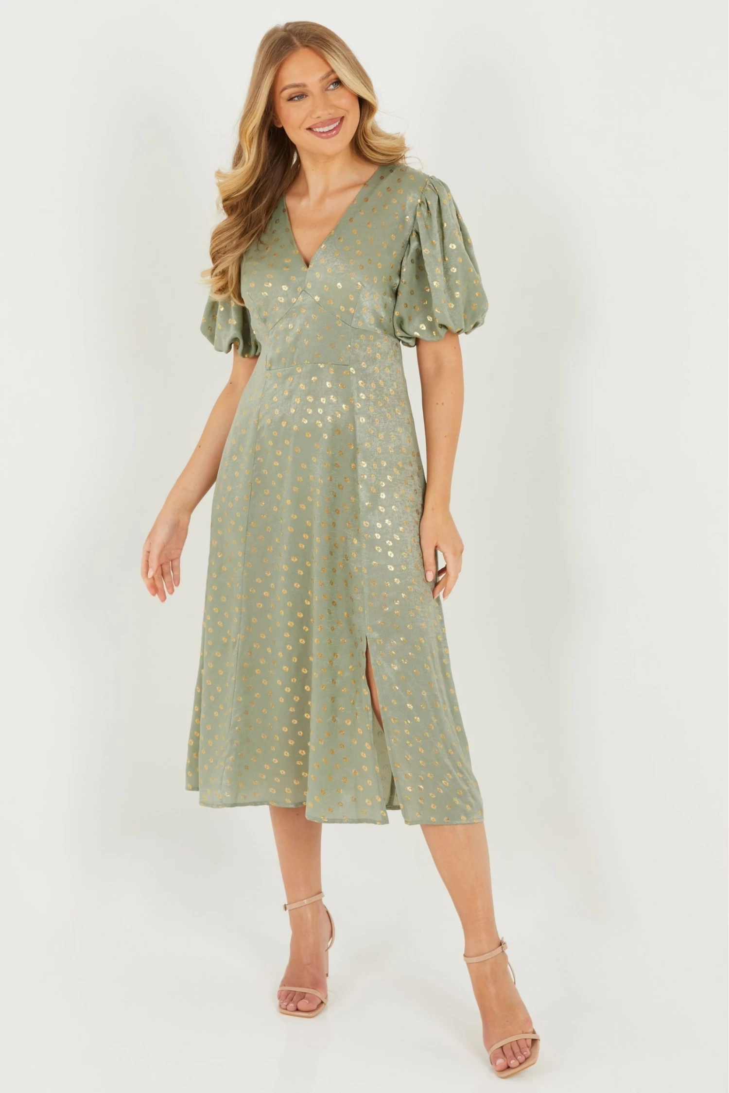 Quiz Green Satin Puff Sleeves Polka Dot Midi Dress 3 Quiz Green Satin Puff Sleeves Polka Dot Midi Dress