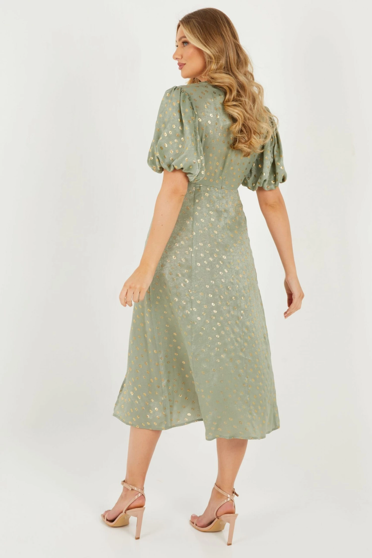 Quiz Green Satin Puff Sleeves Polka Dot Midi Dress 4 Quiz Green Satin Puff Sleeves Polka Dot Midi Dress - Image 2