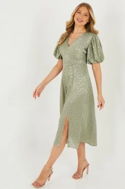 Quiz Green Satin Puff Sleeves Polka Dot Midi Dress 10 Quiz Green Satin Puff Sleeves Polka Dot Midi Dress -Quiz Store Online unnamed file 86