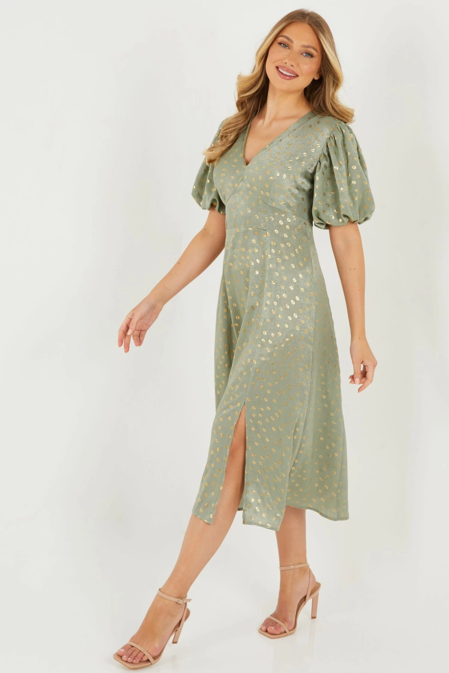 Quiz Green Satin Puff Sleeves Polka Dot Midi Dress 5 Quiz Green Satin Puff Sleeves Polka Dot Midi Dress - Image 3
