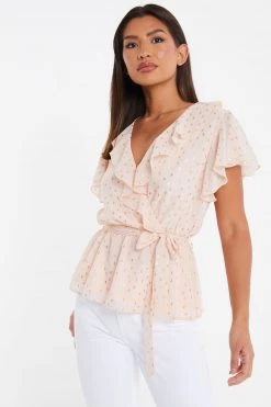Quiz Pink & Gold Chiffon Foil Frill Wrap Peplum Top