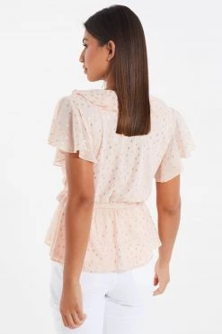 Quiz Pink & Gold Chiffon Foil Frill Wrap Peplum Top -Quiz Store Online unnamed file 918