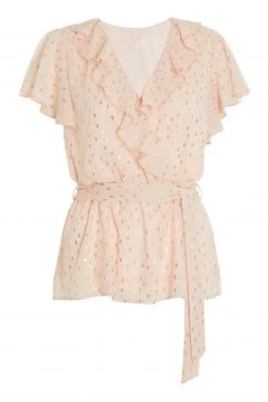 Quiz Pink & Gold Chiffon Foil Frill Wrap Peplum Top -Quiz Store Online unnamed file 919